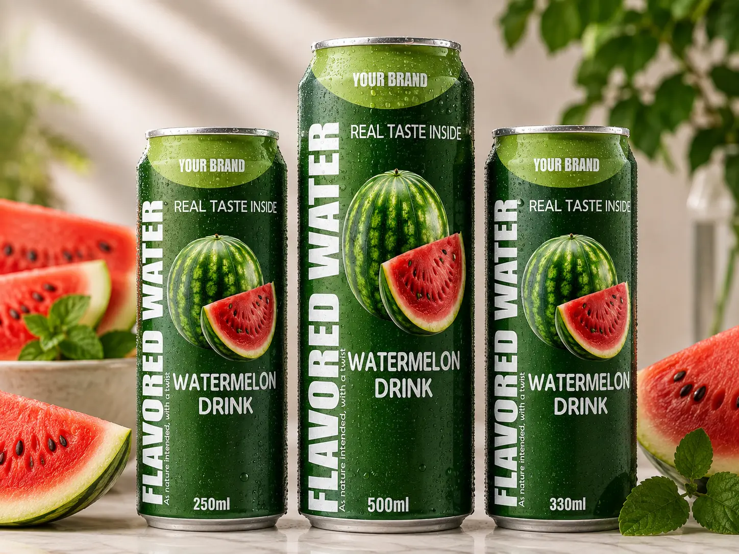 FLAVORED WATER watermelon drink cans in 250ml, 330ml and 500ml sizes.